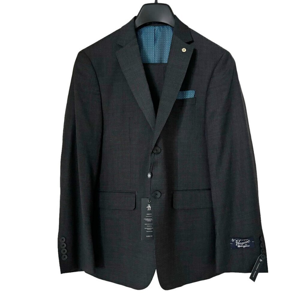 ORIGINAL PENGUIN 2 Piece Suit Set Dark Gray Check 38S 32W 30L Slim Fit NWT